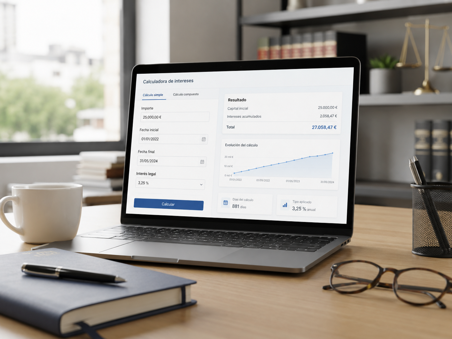 Ordenador con calculadora de intereses legales y judiciales