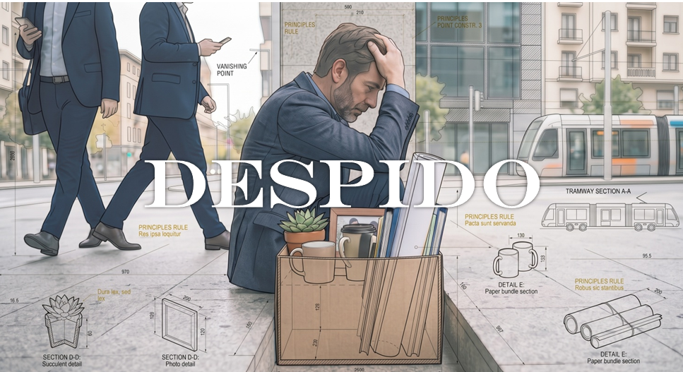 Hombre en la calle tras un despido laboral con una caja de enseres, representando la tramitación de procedimientos laborales en los juzgados de Huesca