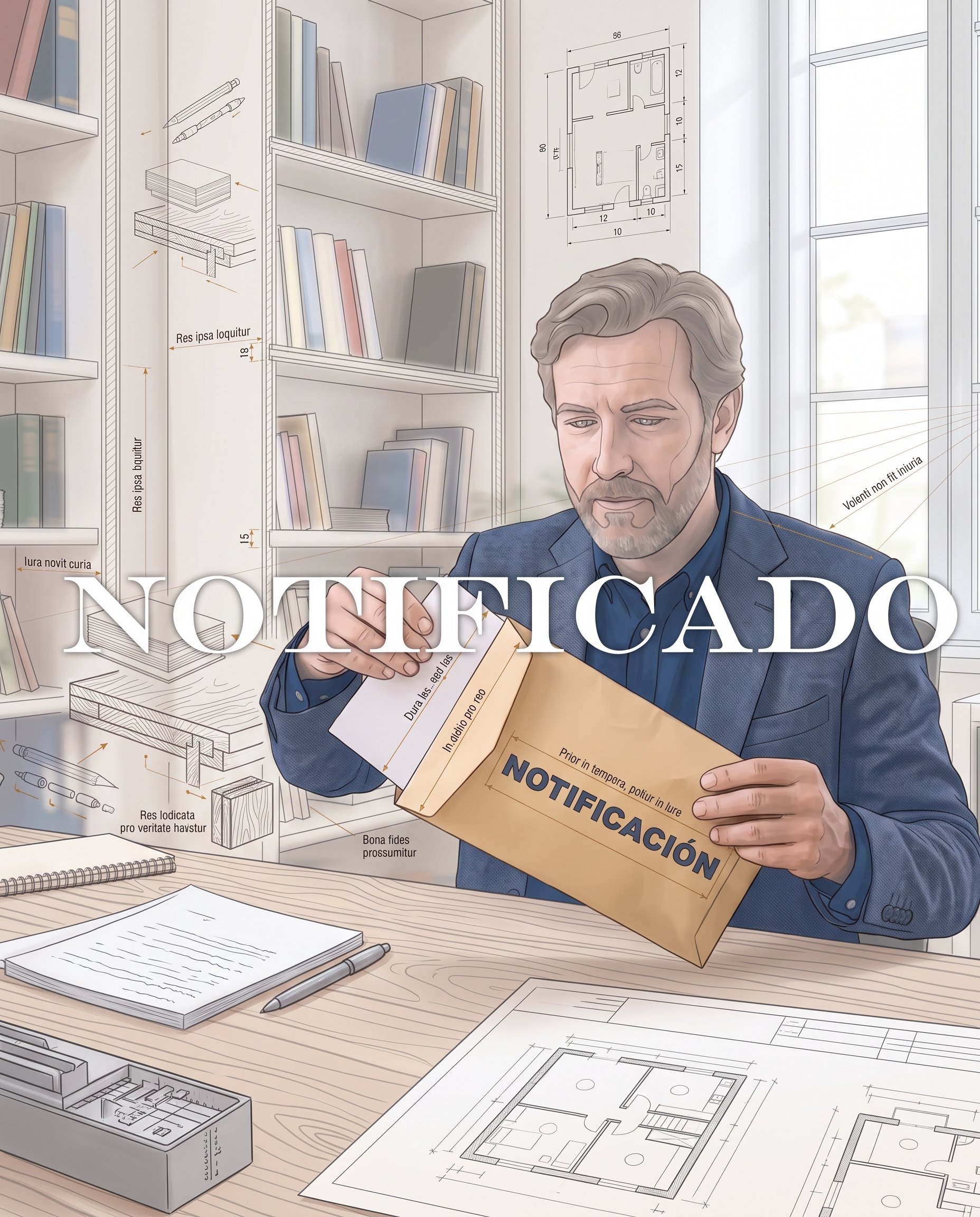 Hombre de negocios abriendo un sobre de notificación judicial sobre su escritorio con planos e información sobre Avantius para pymes en Huesca.